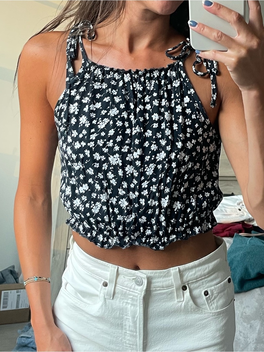 Brandy Melville Navy & White Floral Tank Top